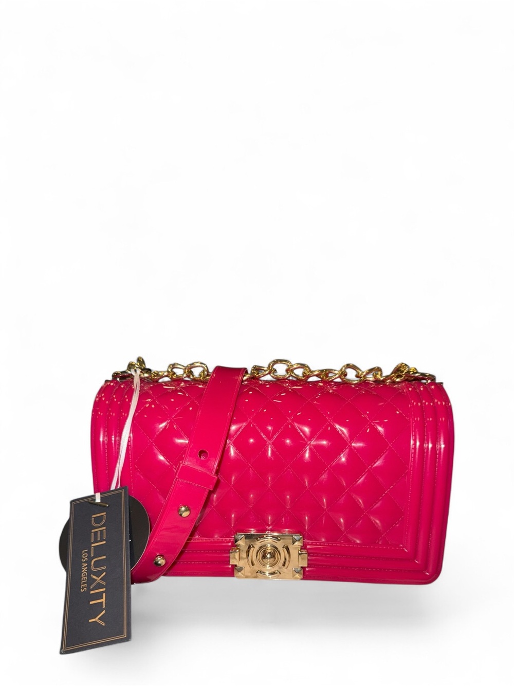 DELUXITY Hot Pink Quilted X-body Jelly Bag with Gold Chain